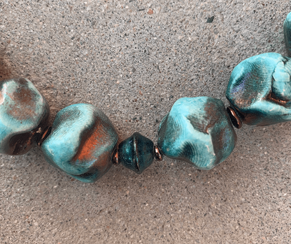 Necklace Set | Blue-green/copper raku nuggets, vintage faux-stone, faceted givre, and metallic bi-cones