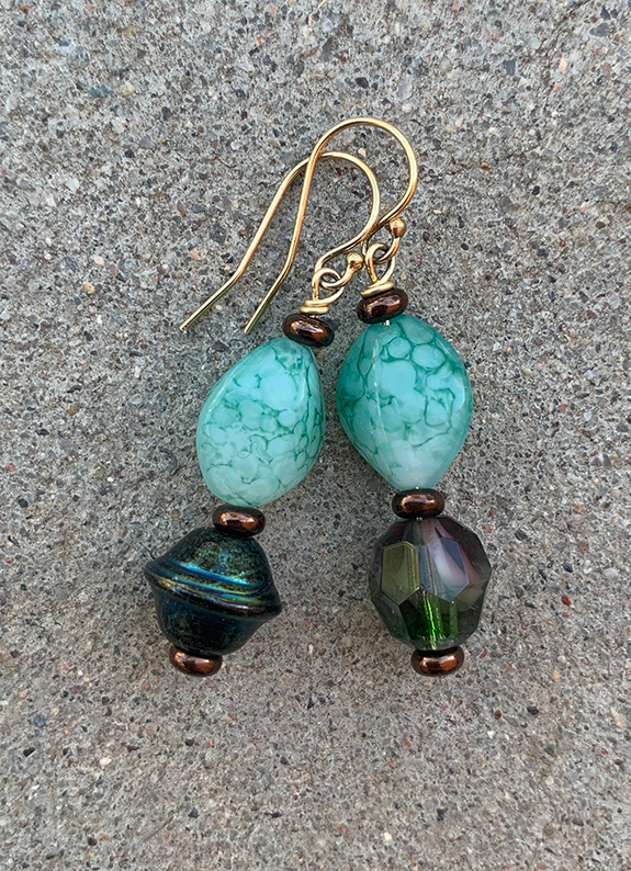 Necklace Set | Blue-green/copper raku nuggets, vintage faux-stone, faceted givre, and metallic bi-cones