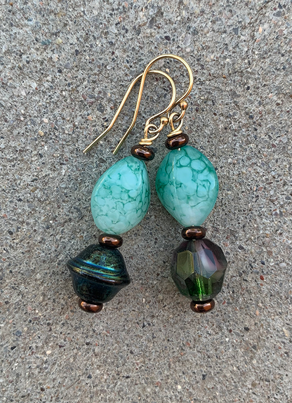 Necklace Set | Blue-green/copper raku nuggets, vintage faux-stone, faceted givre, and metallic bi-cones