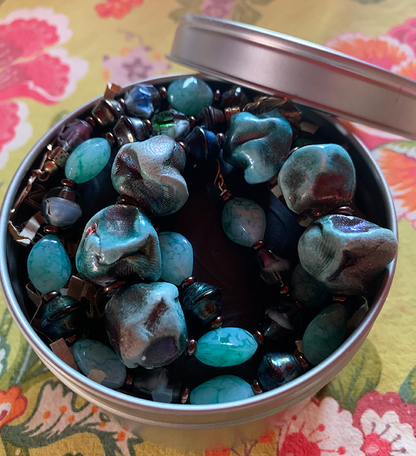 Necklace Set | Blue-green/copper raku nuggets, vintage faux-stone, faceted givre, and metallic bi-cones