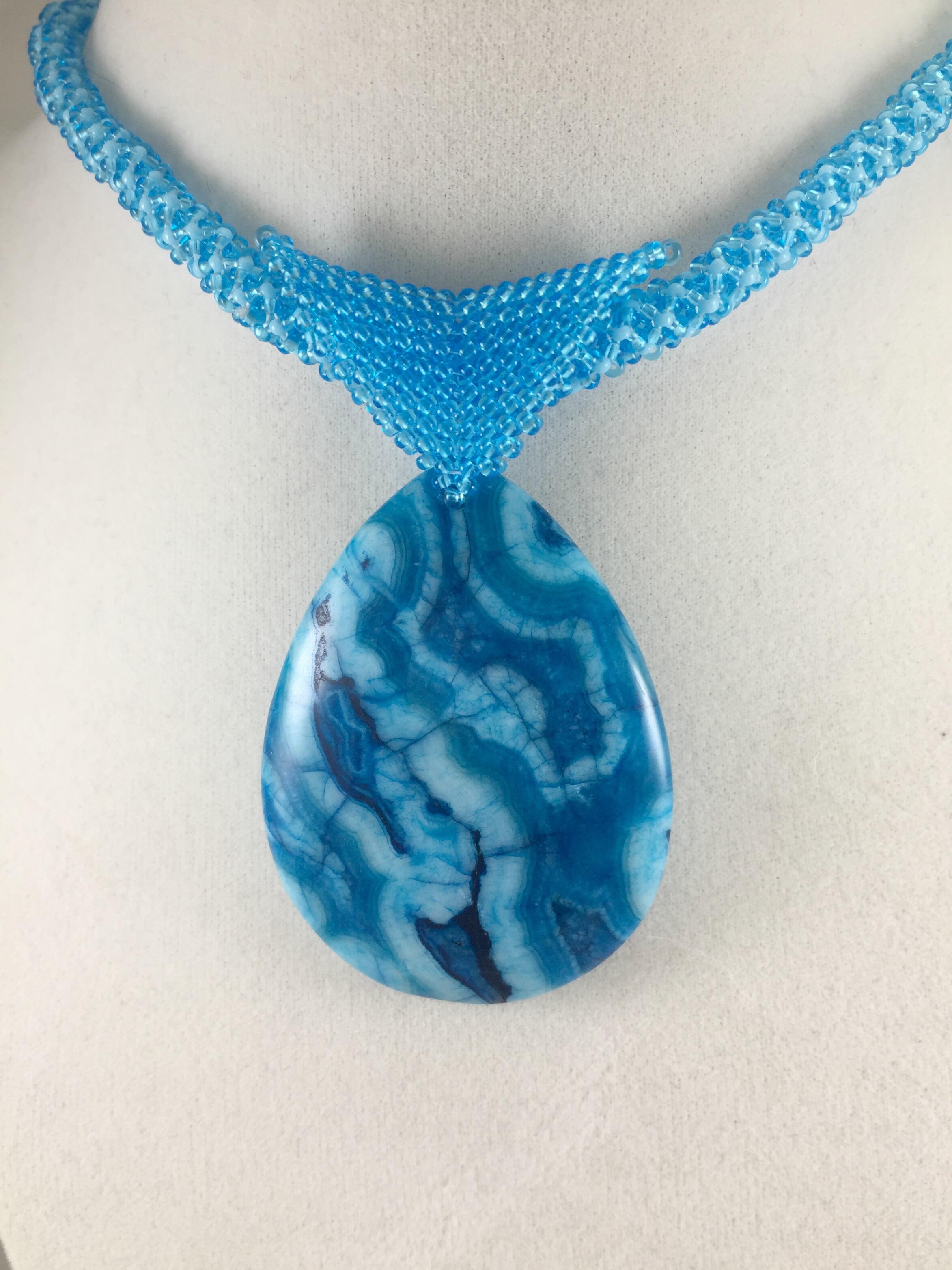 Blue Agate Pendant Necklace, Chenille Stitch Beaded Necklace, 18 Inch