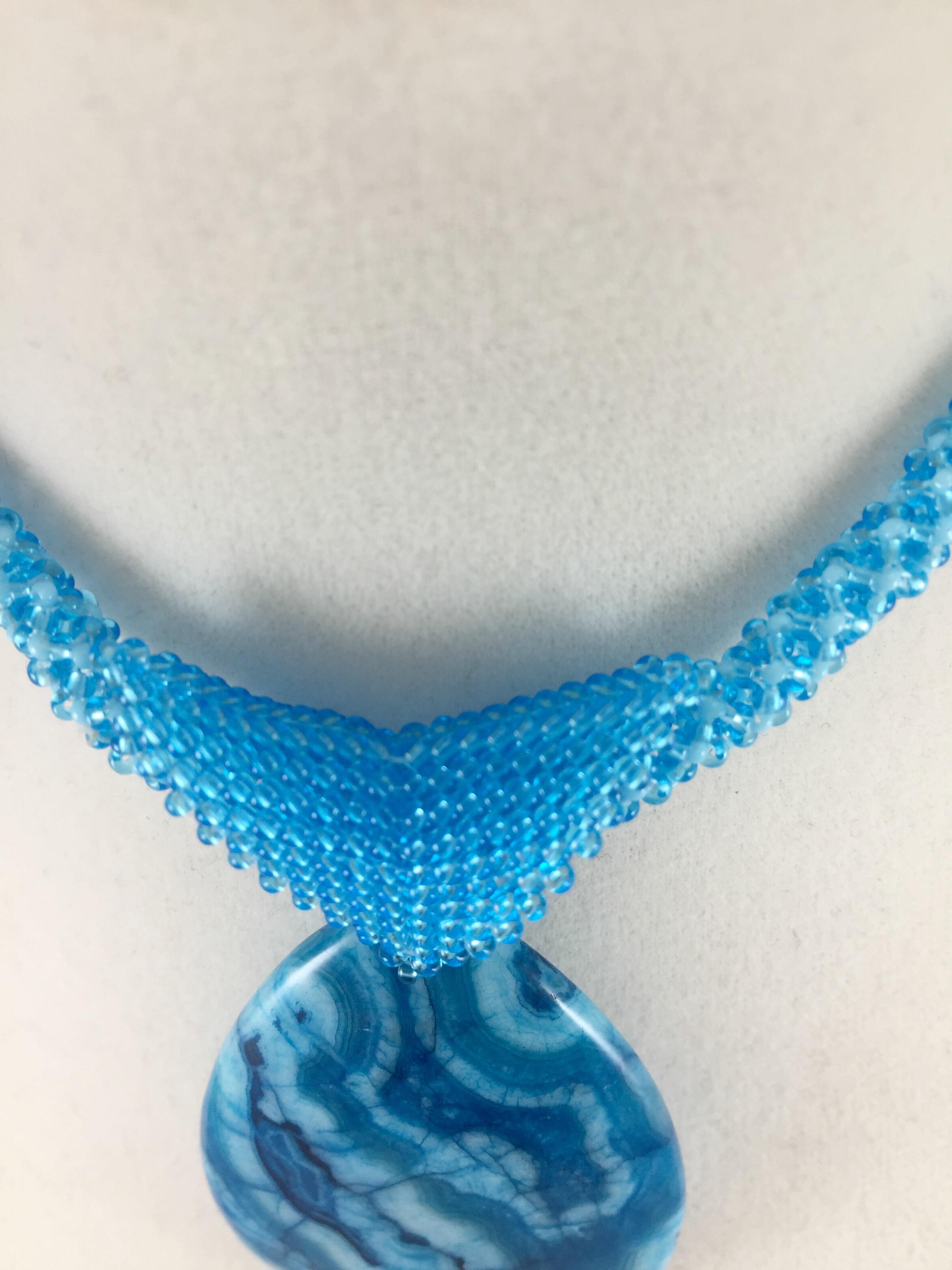 Blue Agate Pendant Necklace, Chenille Stitch Beaded Necklace, 18 Inch
