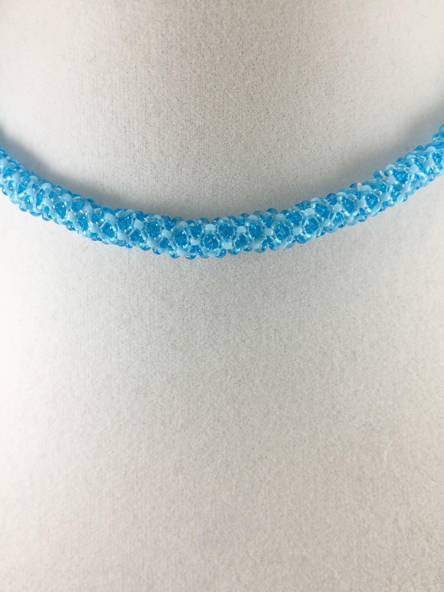 Blue Agate Pendant Necklace, Chenille Stitch Beaded Necklace, 18 Inch