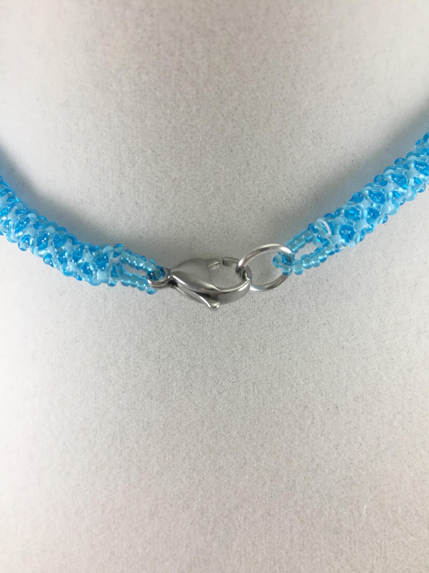 Blue Agate Pendant Necklace, Chenille Stitch Beaded Necklace, 18 Inch