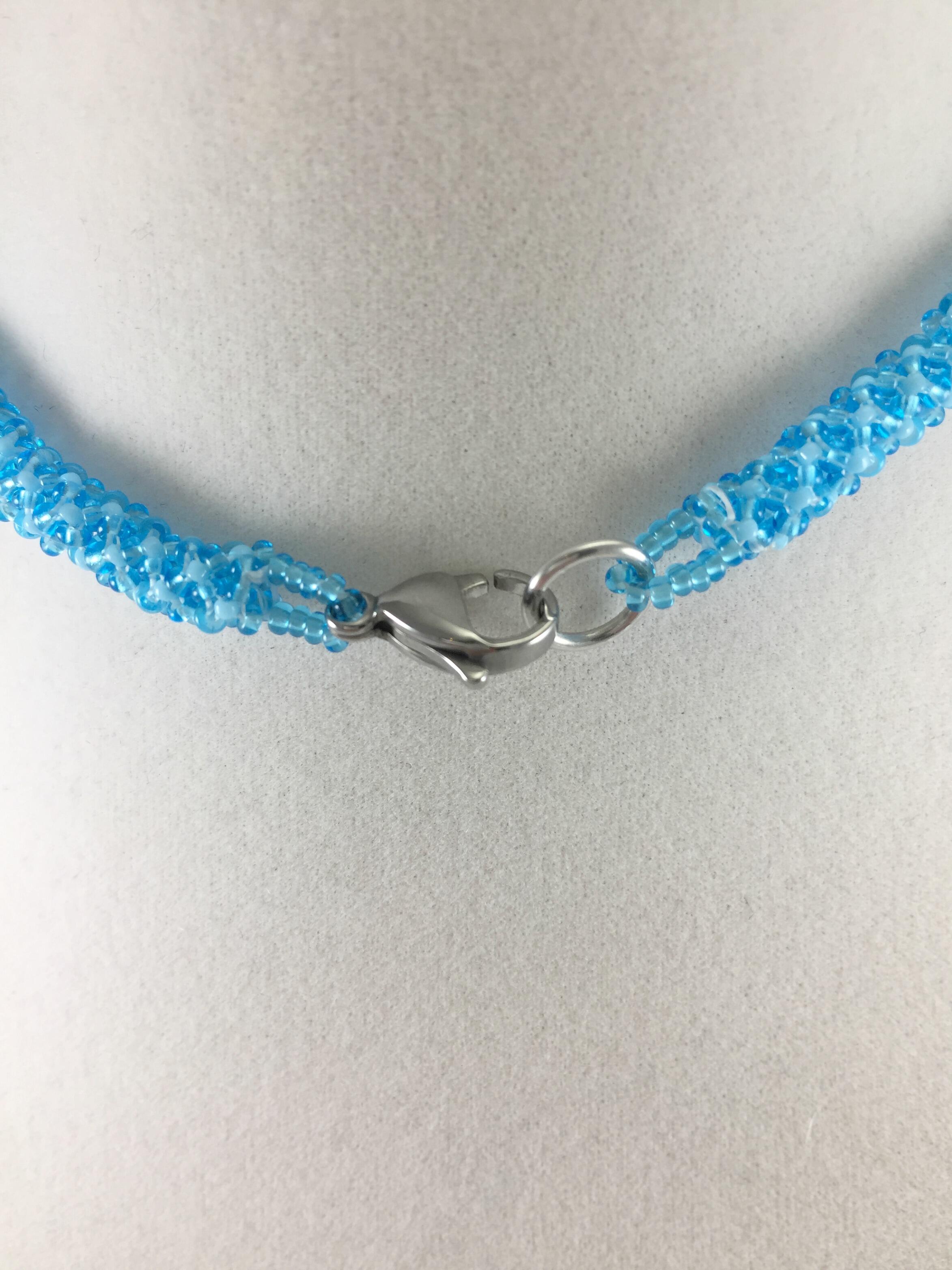 Blue Agate Pendant Necklace, Chenille Stitch Beaded Necklace, 18 Inch