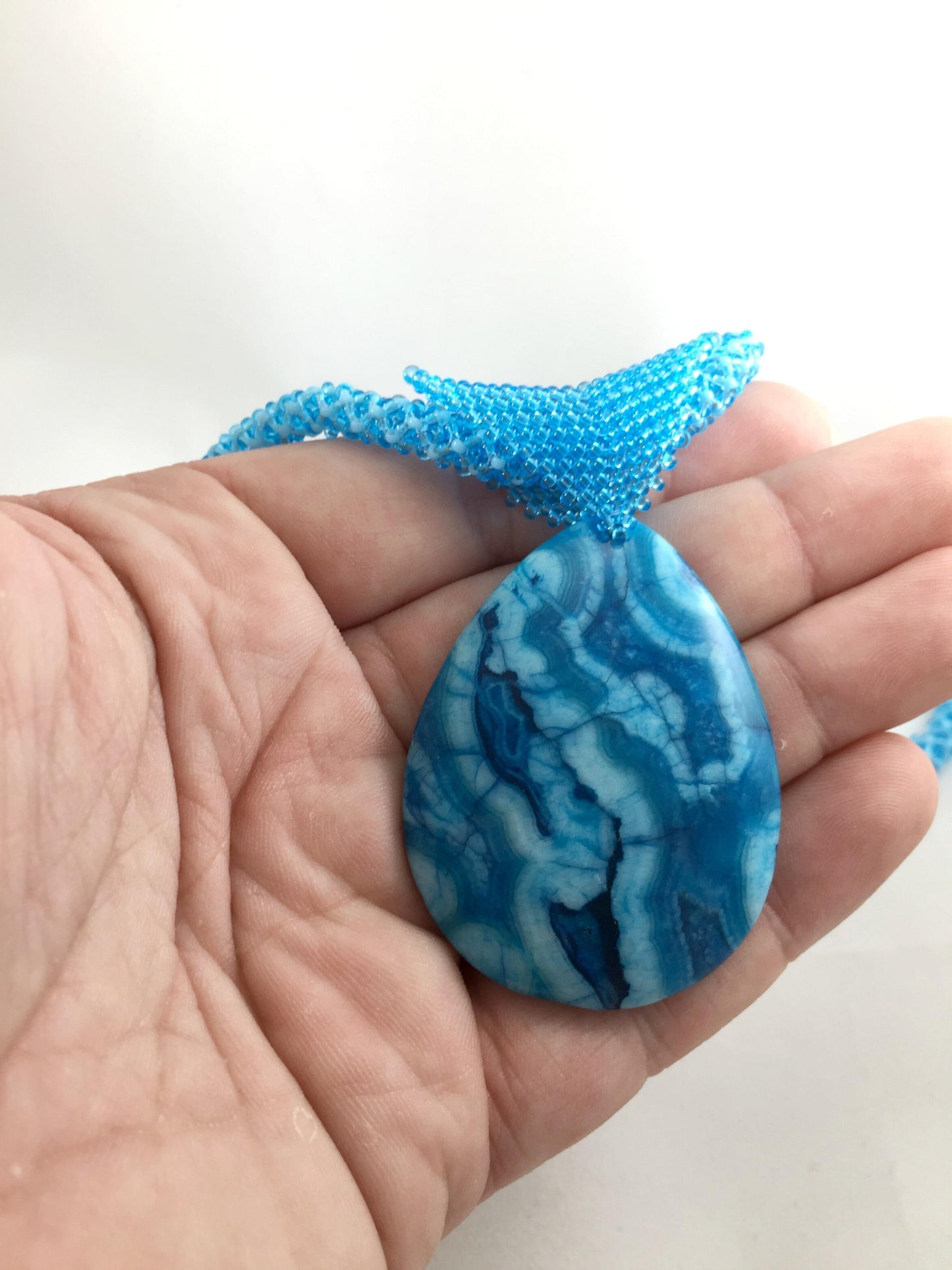 Blue Agate Pendant Necklace, Chenille Stitch Beaded Necklace, 18 Inch