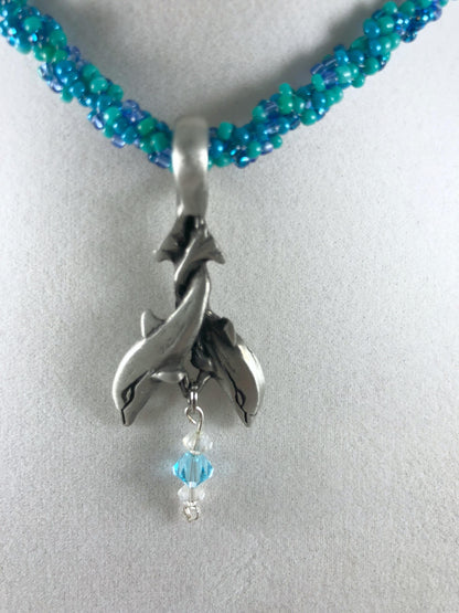 Dolphin Pendant Necklace, Beaded Spiral Rope, 20 Inch