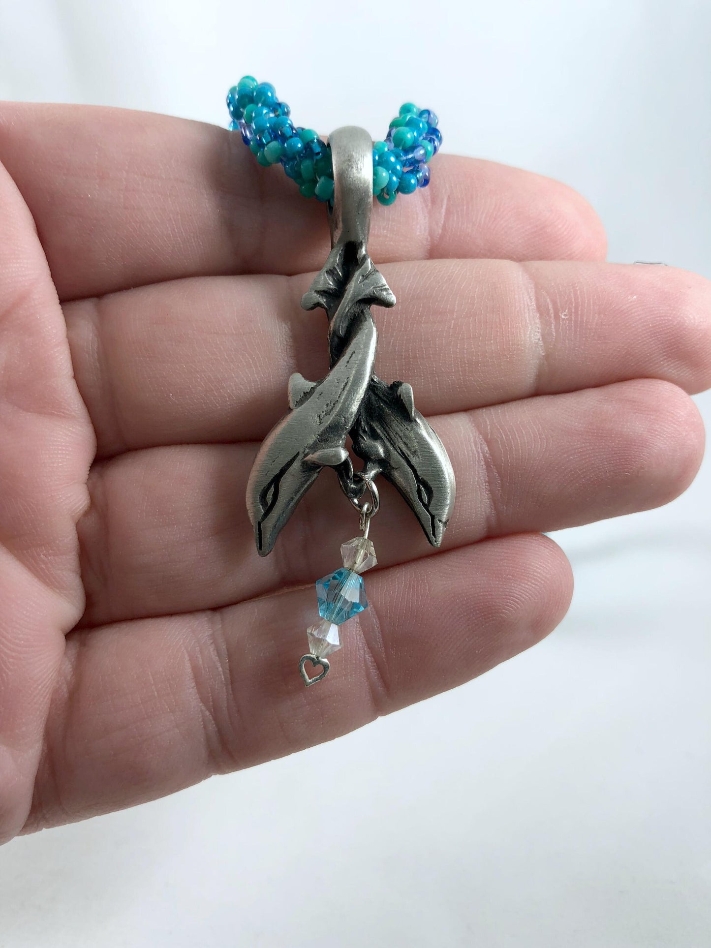 Dolphin Pendant Necklace, Beaded Spiral Rope, 20 Inch