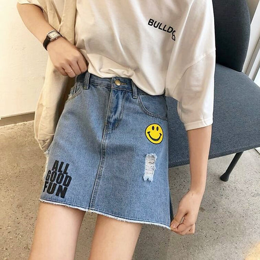 ALL GOOD FUN Smile Face Denim Skirt