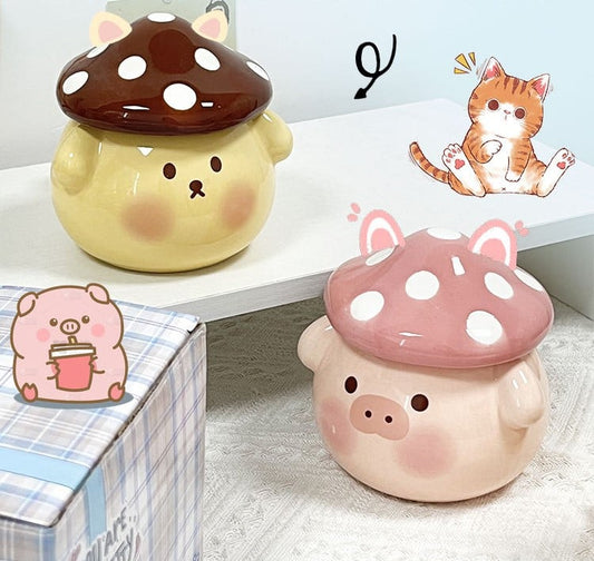 Cute Pig Dog Ceramic Milk Mug With Mushroom Shape Lid