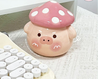 Cute Pig Dog Ceramic Milk Mug With Mushroom Shape Lid
