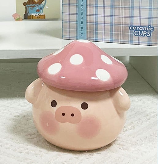 Cute Pig Dog Ceramic Milk Mug With Mushroom Shape Lid
