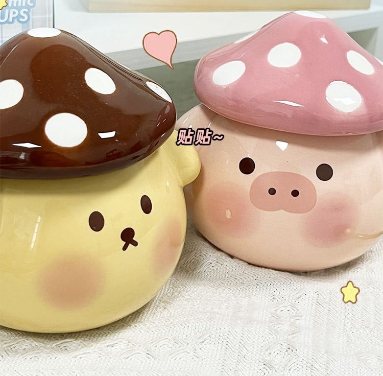Cute Pig Dog Ceramic Milk Mug With Mushroom Shape Lid