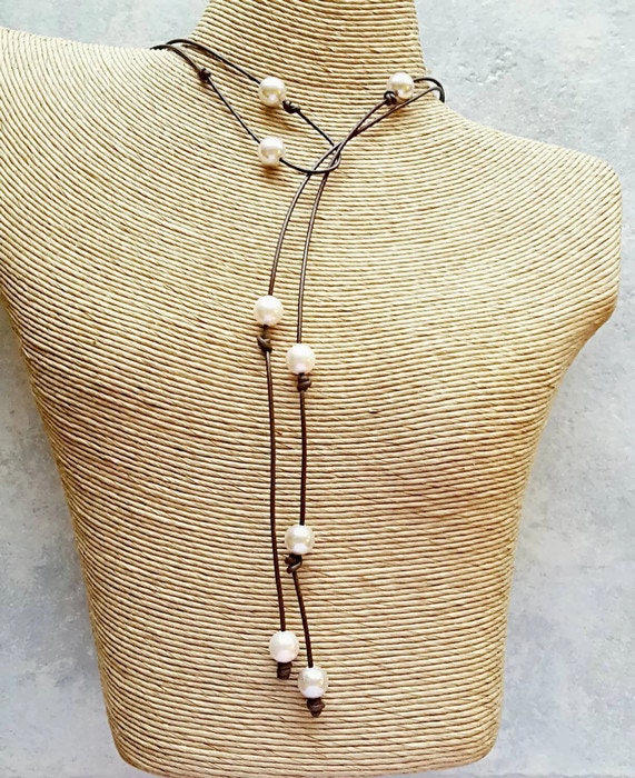 Leather pearl long lariat necklace, infinity wrap necklace, 3rd anniversary gift for wife,