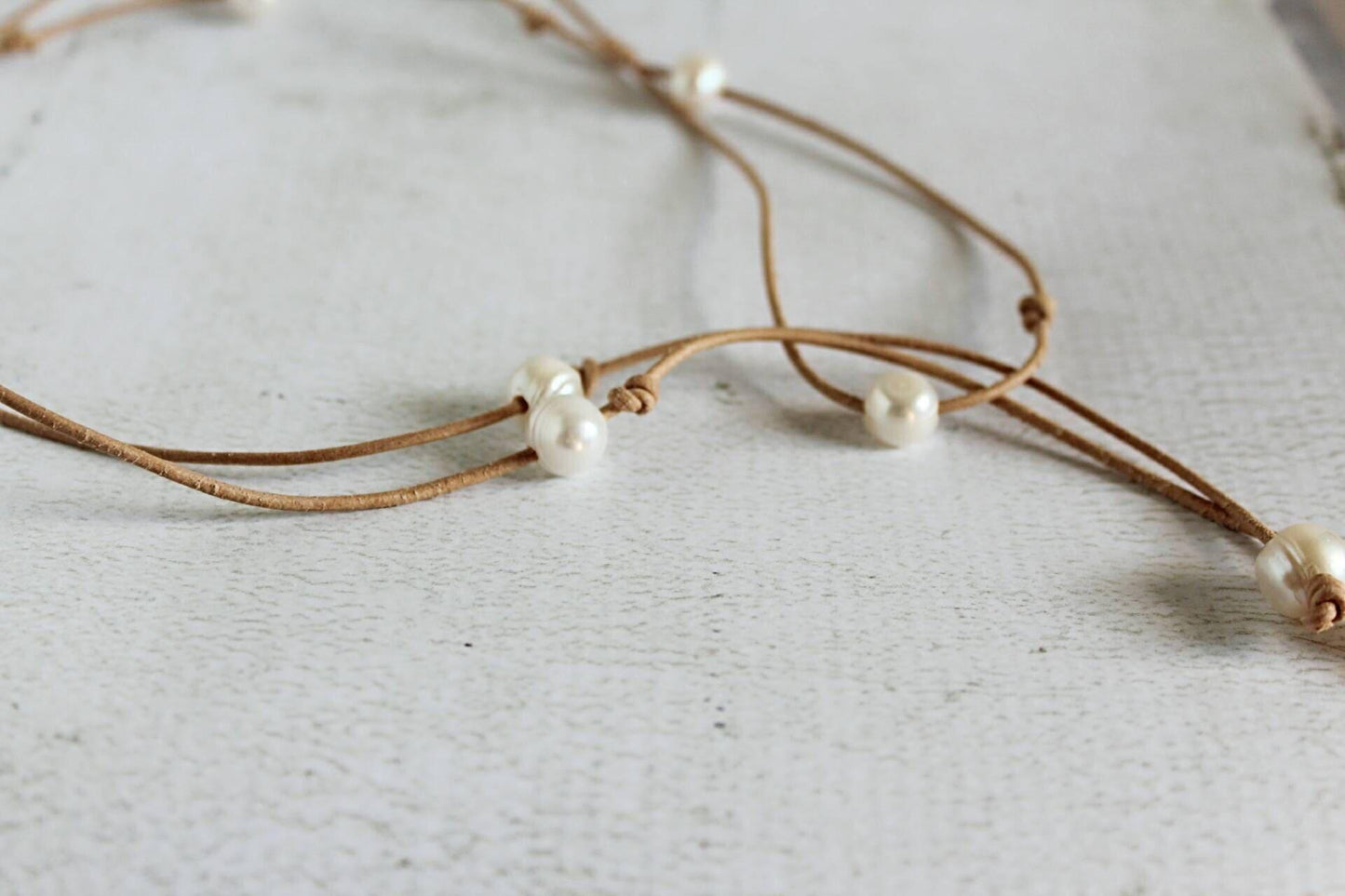 Leather pearl long lariat necklace, infinity wrap necklace, 3rd anniversary gift for wife,