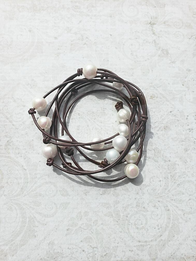 Leather pearl long lariat necklace, infinity wrap necklace, 3rd anniversary gift for wife,