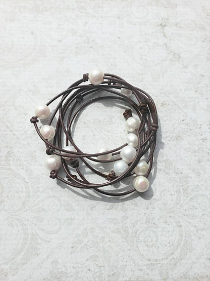 Leather pearl long lariat necklace, infinity wrap necklace, 3rd anniversary gift for wife,