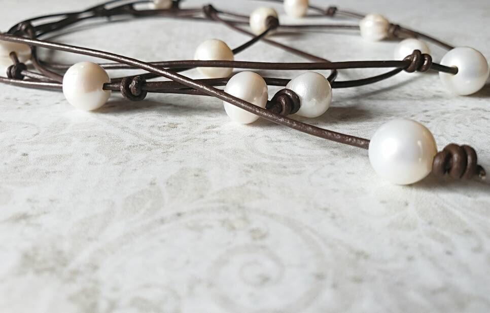 Leather pearl long lariat necklace, infinity wrap necklace, 3rd anniversary gift for wife,