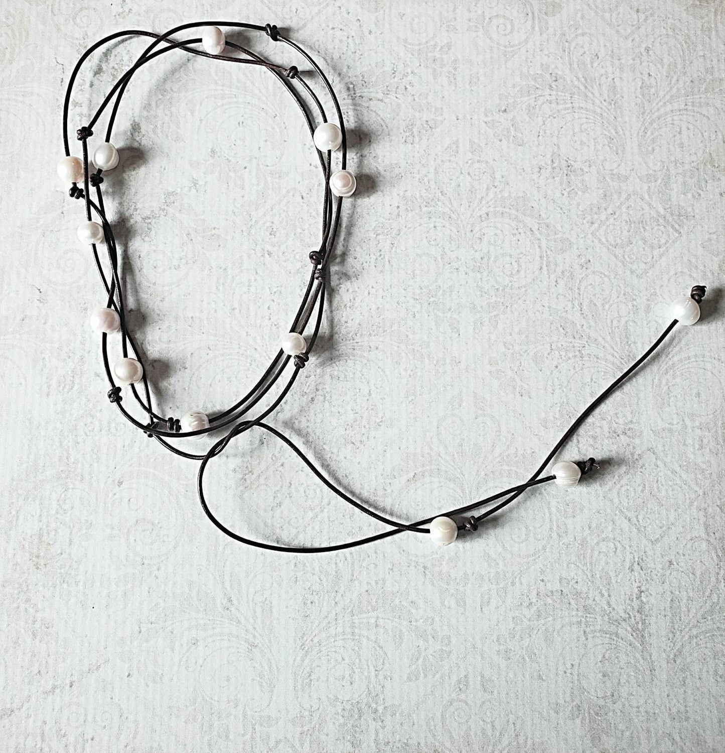 Leather pearl long lariat necklace, infinity wrap necklace, 3rd anniversary gift for wife,