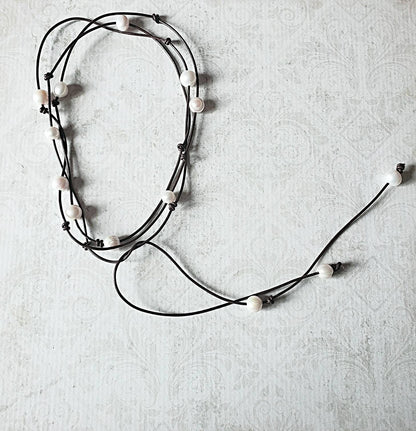 Leather pearl long lariat necklace, infinity wrap necklace, 3rd anniversary gift for wife,