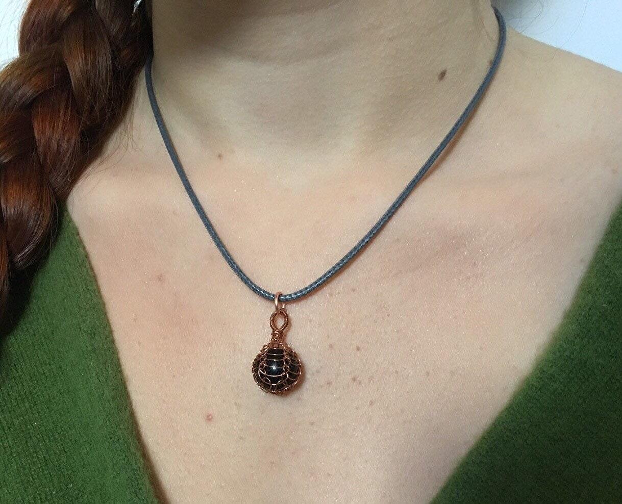 Black Onyx Necklace, Copper Wire Wrapped Pendant, Anniversary Gift, Gothic Necklace