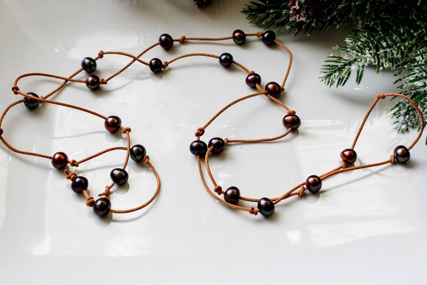 Leather pearl long lariat necklace, infinity wrap necklace, 3rd anniversary gift for wife,