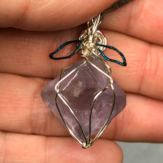Purple Fluorite Necklace, Sterling Silver Plated Wire Wrapped Pendant, Anniversary Gift for Wife, Witchy Jewelry