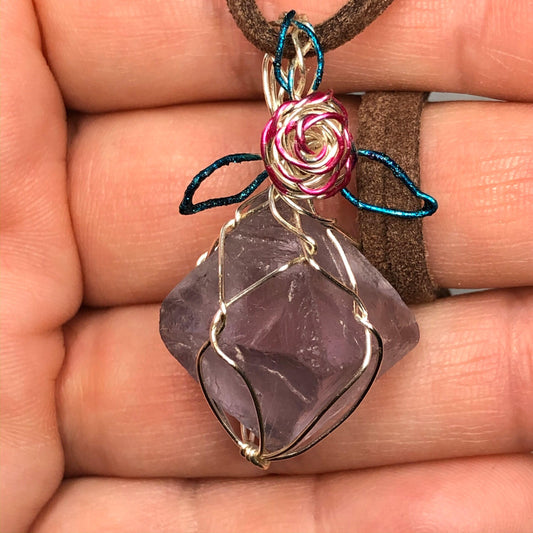 Purple Fluorite Necklace, Sterling Silver Plated Wire Wrapped Pendant, Anniversary Gift for Wife, Witchy Jewelry