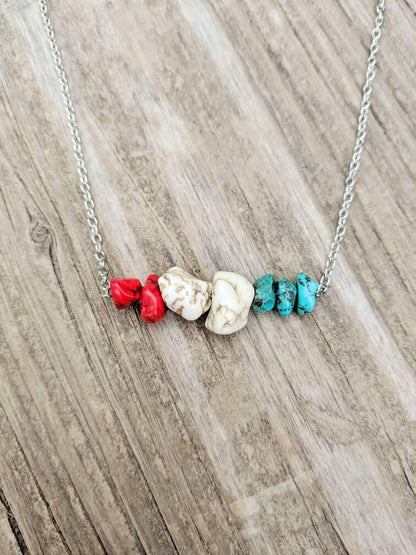 Turquoise & Magnesite Nugget Bar Necklace - Independence Day - 4th of July - Country Western Style