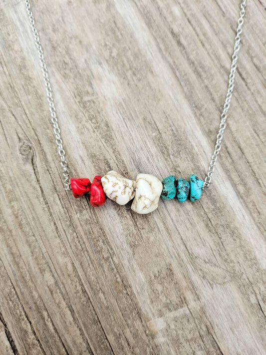 Turquoise & Magnesite Nugget Bar Necklace - Independence Day - 4th of July - Country Western Style
