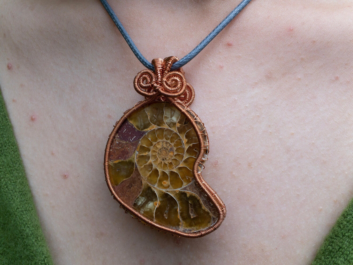 Shell Necklace, Ammonite Necklace, Copper, Wire Wrapped Pendant, Birthday Gift, Pagan Jewelry
