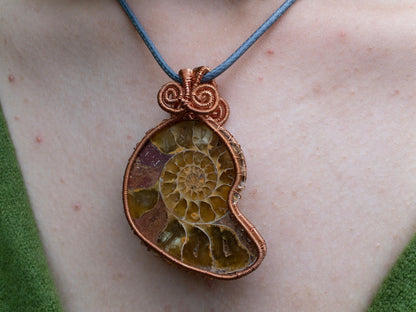 Shell Necklace, Ammonite Necklace, Copper, Wire Wrapped Pendant, Birthday Gift, Pagan Jewelry