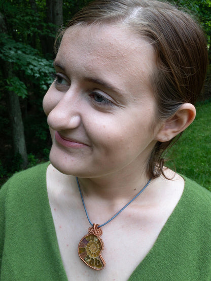 Shell Necklace, Ammonite Necklace, Copper, Wire Wrapped Pendant, Birthday Gift, Pagan Jewelry