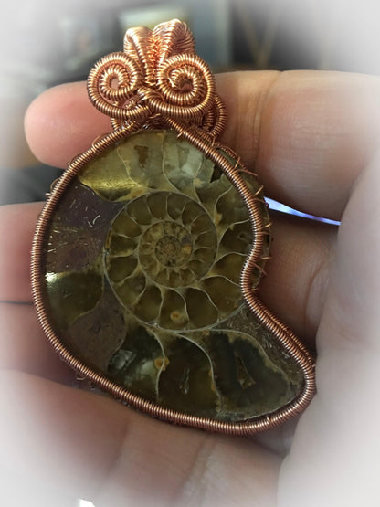Shell Necklace, Ammonite Necklace, Copper, Wire Wrapped Pendant, Birthday Gift, Pagan Jewelry