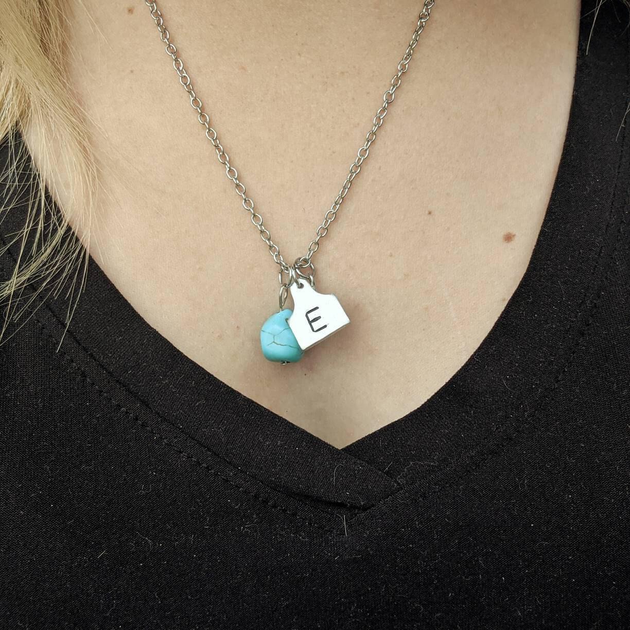 Initial Cattle Ear Tag Necklace - Pearl & Turquoise