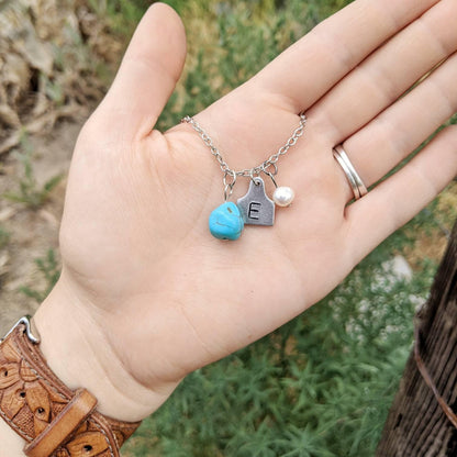 Initial Cattle Ear Tag Necklace - Pearl & Turquoise