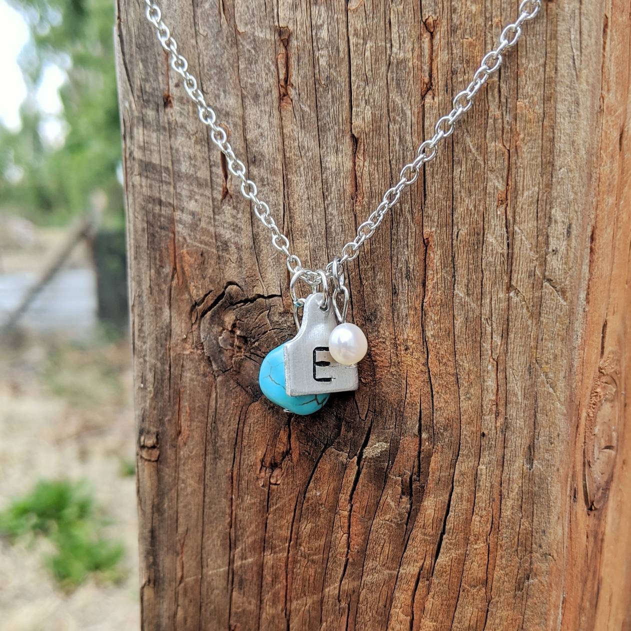 Initial Cattle Ear Tag Necklace - Pearl & Turquoise