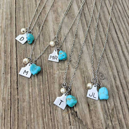 Initial Cattle Ear Tag Necklace - Pearl & Turquoise