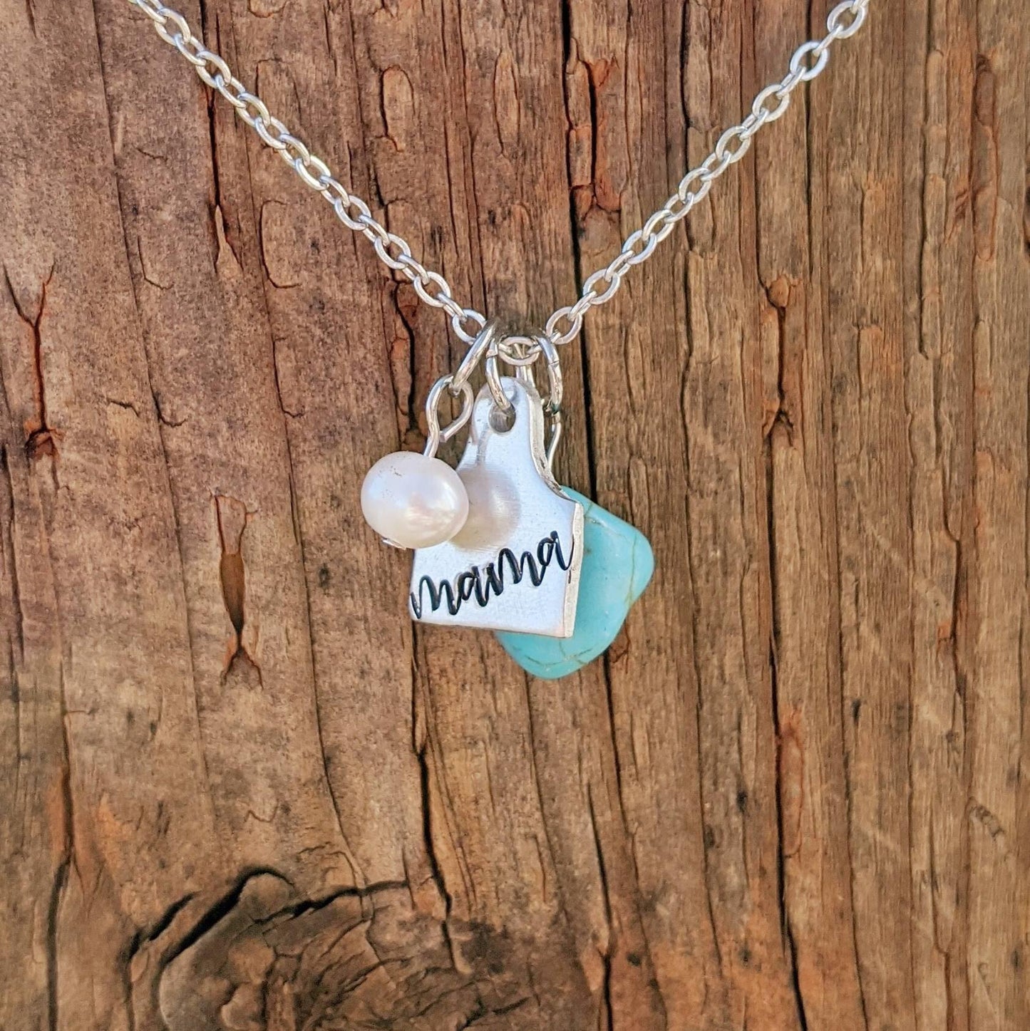 Mothers Day Cattle Ear Tag Necklace - Pearl & Turquoise- Gift for Mom - Country and Western Style
