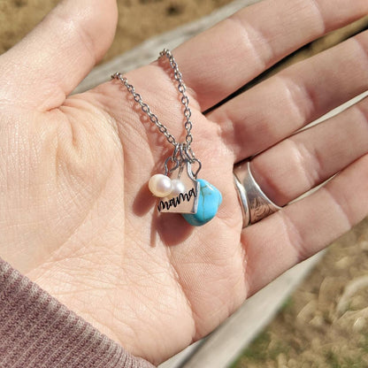 Mothers Day Cattle Ear Tag Necklace - Pearl & Turquoise- Gift for Mom - Country and Western Style