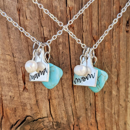 Mothers Day Cattle Ear Tag Necklace - Pearl & Turquoise- Gift for Mom - Country and Western Style