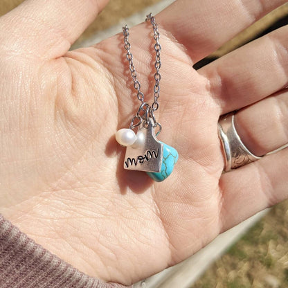 Mothers Day Cattle Ear Tag Necklace - Pearl & Turquoise- Gift for Mom - Country and Western Style