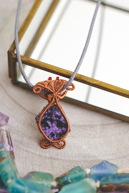 Charoite Necklace, Copper Wire Wrapped Pendant, Birthday Gifts, Gifts for Women, Witch Jewelry
