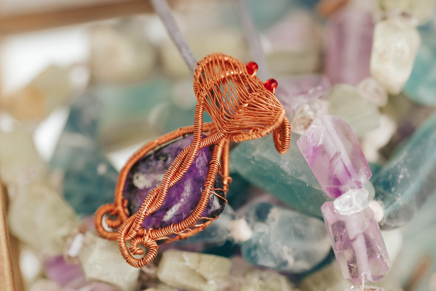 Charoite Necklace, Copper Wire Wrapped Pendant, Birthday Gifts, Gifts for Women, Witch Jewelry