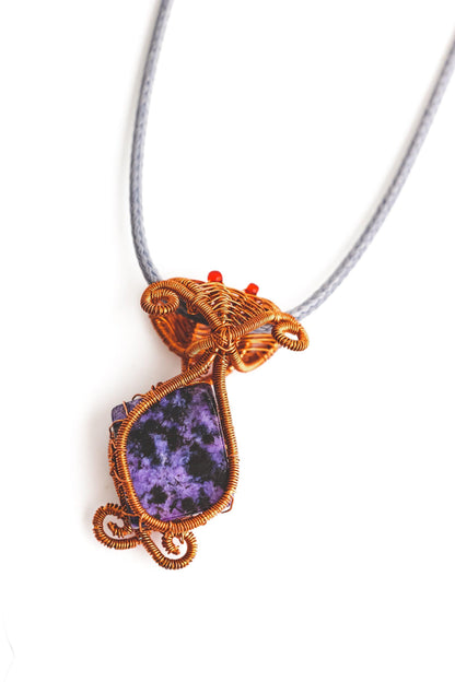 Charoite Necklace, Copper Wire Wrapped Pendant, Birthday Gifts, Gifts for Women, Witch Jewelry