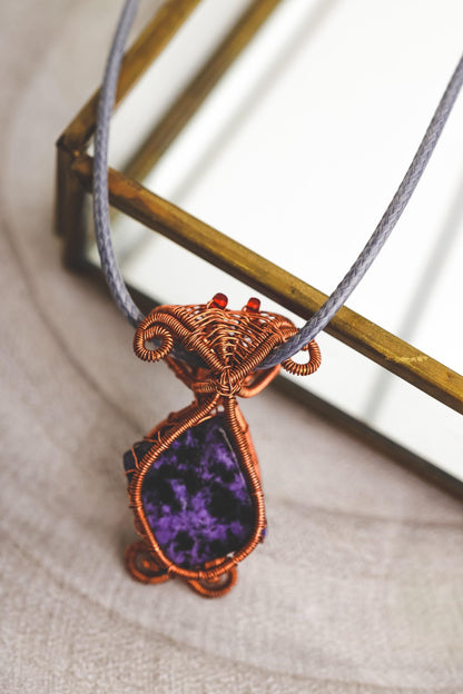 Charoite Necklace, Copper Wire Wrapped Pendant, Birthday Gifts, Gifts for Women, Witch Jewelry