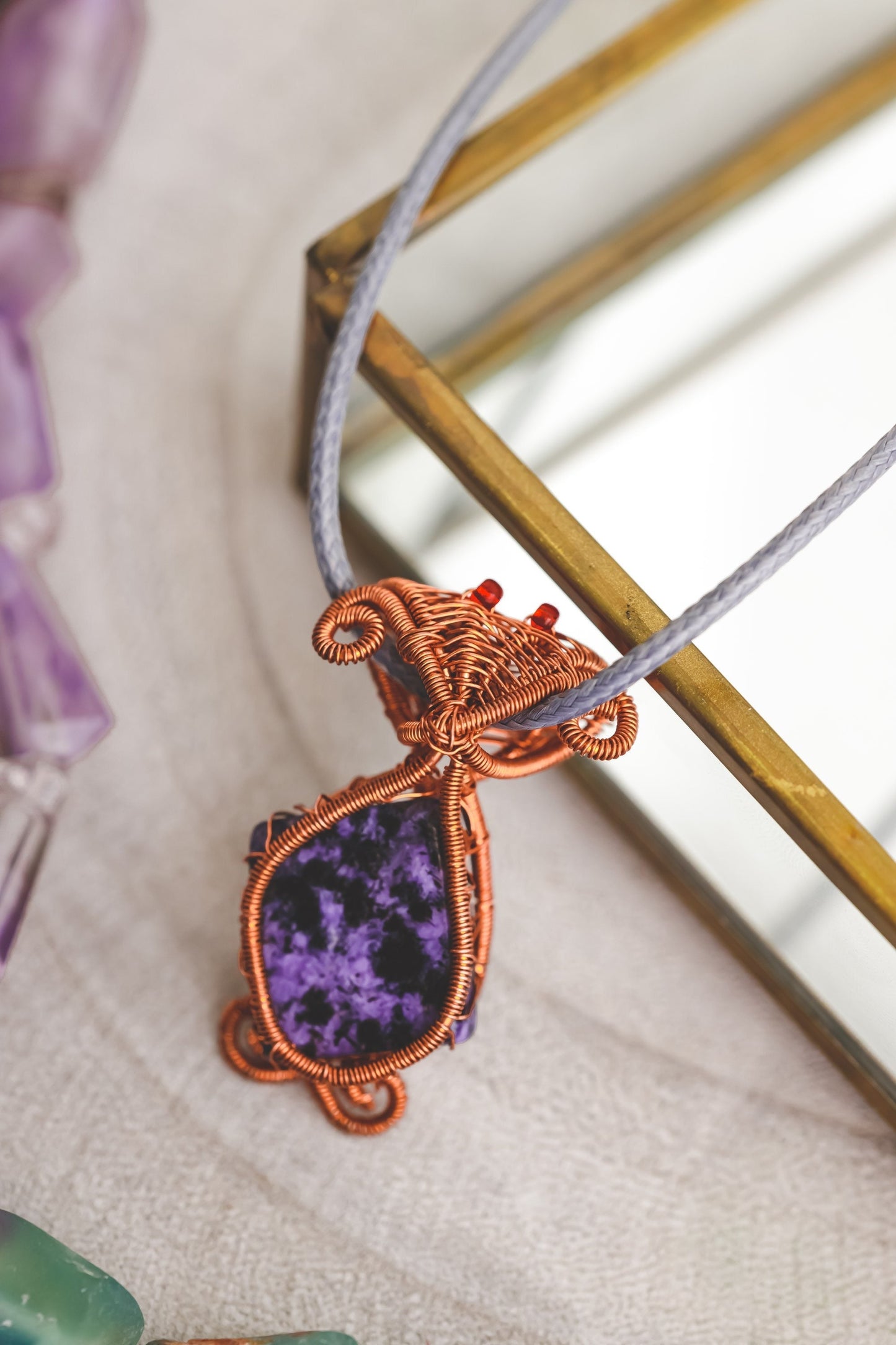 Charoite Necklace, Copper Wire Wrapped Pendant, Birthday Gifts, Gifts for Women, Witch Jewelry