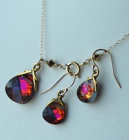 Bridesmaid Gold Volcano SET,Gold Filled Crystal Volcano Red Ponk Peacock Necklaces Earrings Set,Bridesmaid Jewelry Set Gift,Dark Red Jewelry