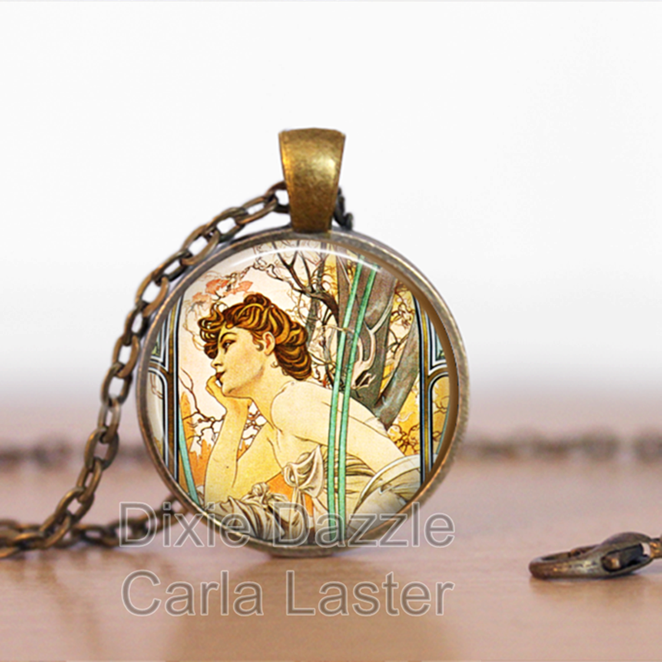 Alphonse Mucha art pendant necklace with rolo style chain, art jewelry, art deco, art nouveau, art by Alphonse Mucha